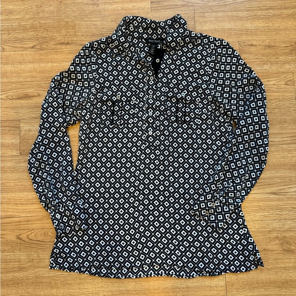WH BM Silk Blouse Geometric Pattern Black/White SZ 6 - Picture 4 of 14